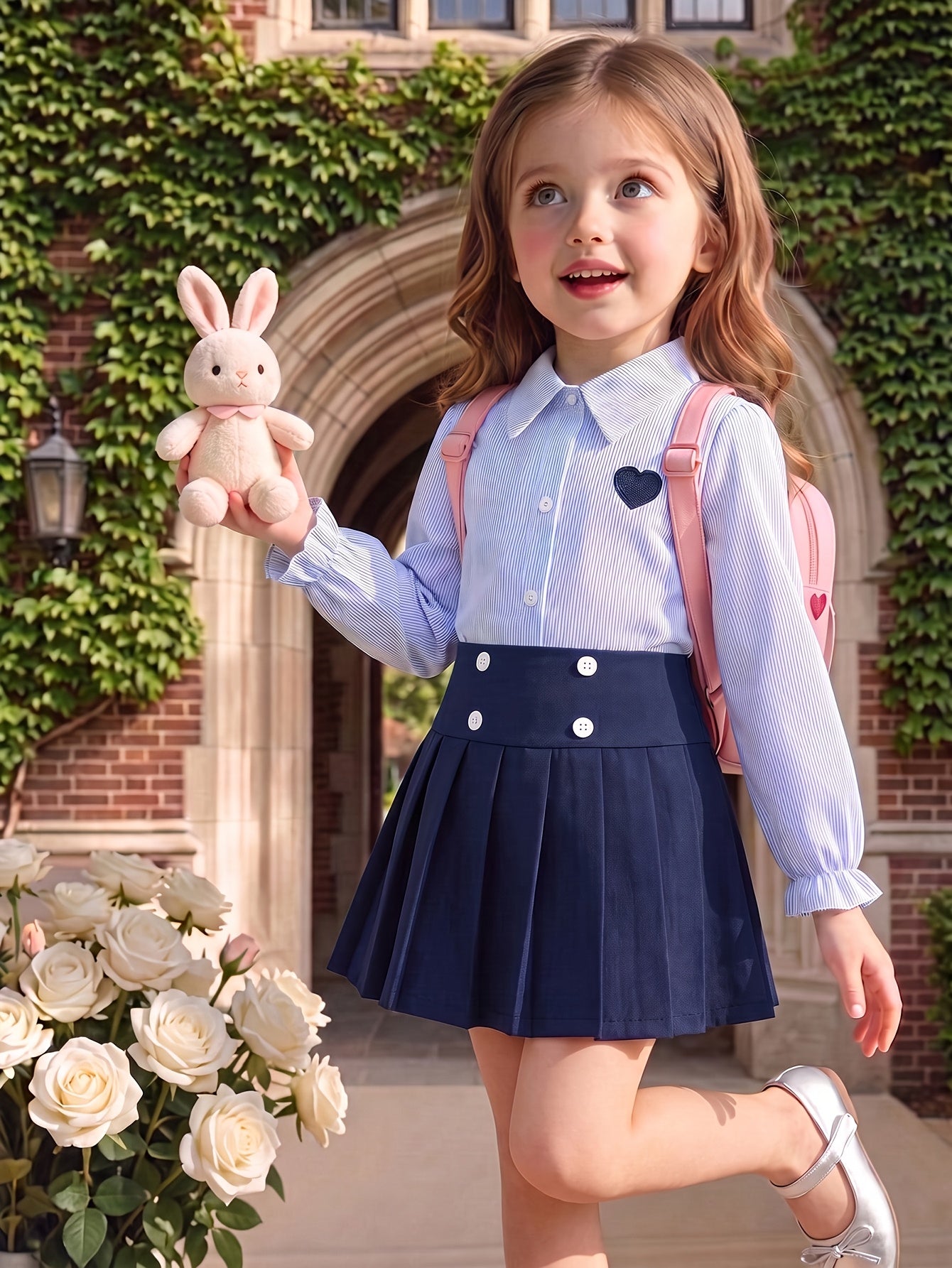 Girls Preppy Striped Collar Shirt & Pleated Skirt Set