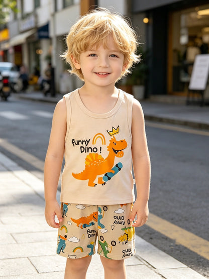 Boys' Summer Dinosaur Print Cotton Vest & Shorts Set