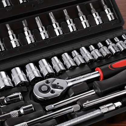 46pcs Heavy-Duty Stainless Steel Tool Set with Precision Ratchet Wrench, Screwdriver Bits & Sockets - All-in-One Mechanic'S Tool Kit with Impact-Resistant, Ergonomic Handle & Storage For Auto, Home