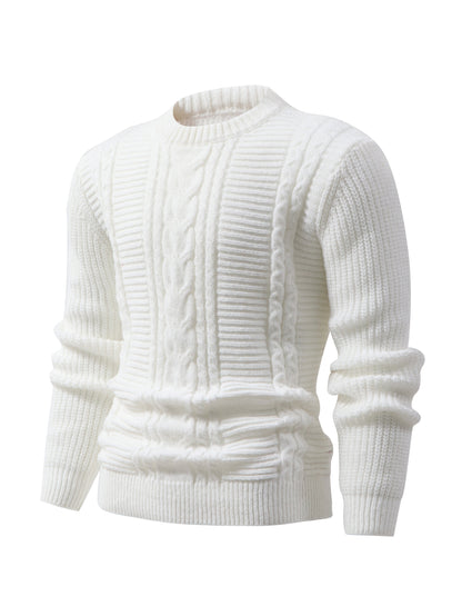 Men's Solid Color Ribbed Knit Sweater - High Elasticity Round Neck Long Sleeve, All-Season Comfort, Regular Fit Casual & Formal Wear, Easy Care Hand Wash/Dry Clean, Comfortable Fashion, Textured Fashion, Highelasticity Fabric
