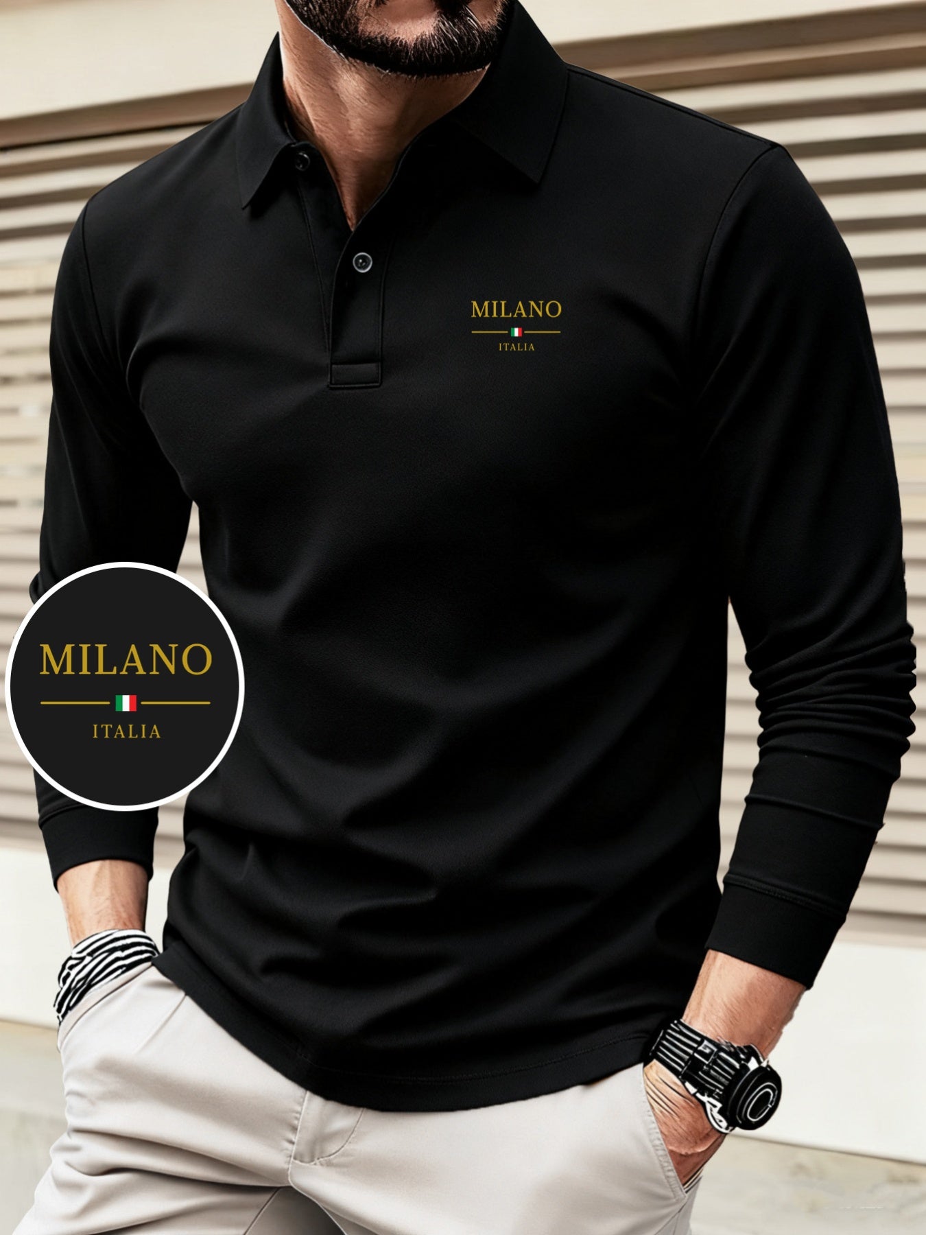 Men's Autumn/Winter Long Sleeve Polo Shirt with Geometric Print