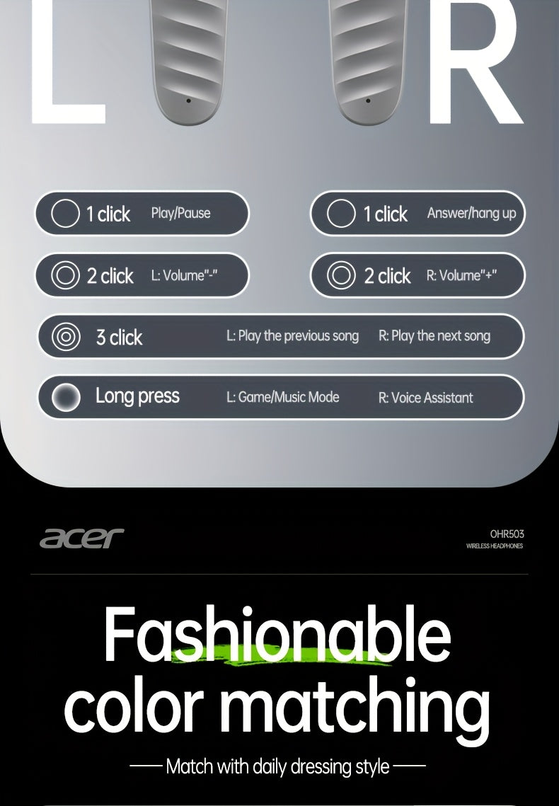 30h Wireless Earbuds Acer OHR503 Mini Sport Wireless Earbuds | Wireless Stereo, Long 30h Standby, Noise-Canceling, Comfortable Wear | Universal Fit, Latest Model, Touch Control