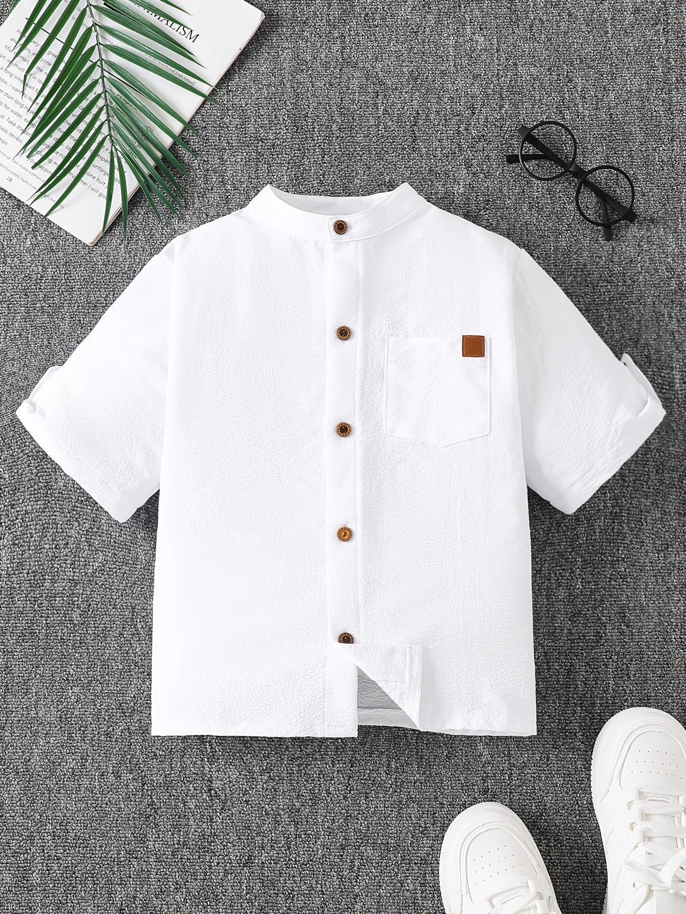 Boys' Summer Stand Collar Short Sleeve Shirt - Preppy Style