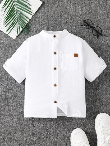 Boys' Summer Stand Collar Short Sleeve Shirt - Preppy Style