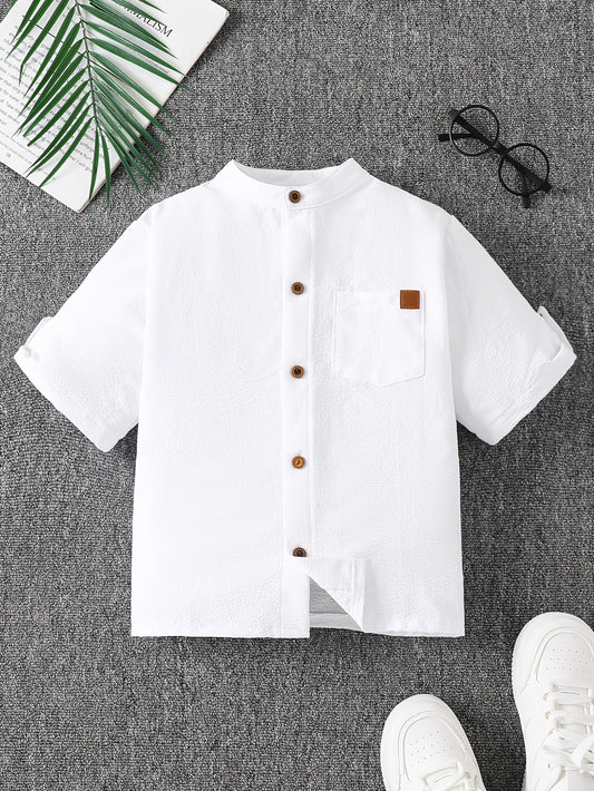 Boys' Summer Stand Collar Short Sleeve Shirt - Preppy Style