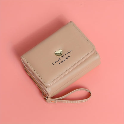 New Women'S Short Wallet, Cute Korean-Style Heart-Shaped, Large Capacity with Multiple Card Slots, Trendy Tri-Fold Design.