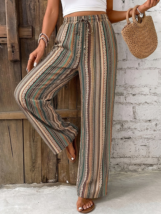 Women's Casual Wide Leg Bohemian Pants with Drawstring Waist