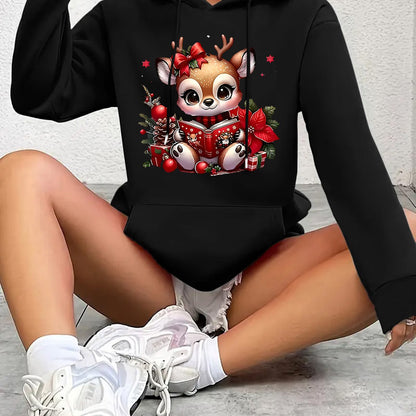 Women's Cozy Winter Hooded Sweater - Cute Deer & Reindeer Print with Hearts & Bows, Soft Warm Pullover, Machine Washable Casual Christmas Sweater for Holiday Parties & Casual Attire (Brown/White/Black) - Festive Deer Design,