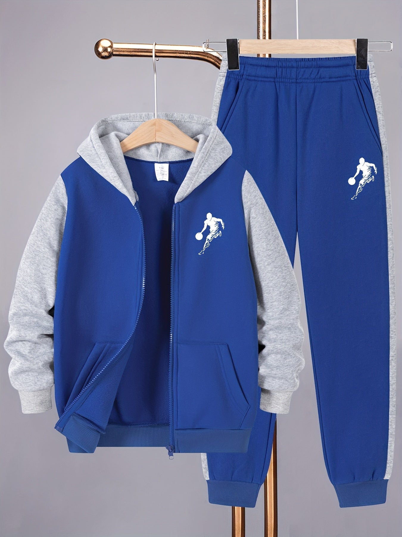 2pcs Boys' Casual Sportswear Set, Fashion Basketball Print Fleece-Lined Zip-Up Hoodie + Pants for Autumn and Winter, Suitable for Daily Wear and Outdoor Activities, Perfect for Outdoor