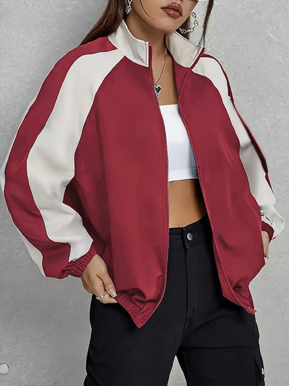 Women's Elegant Mandarin Collar Jacket - Burgundy & Half-Zip Coat with White Piping, All-Season Structured Outerwear (Black /Notch), Machine Washable Casual to Formal Blazer for & Social Events, Jackets For Women, Jacket For