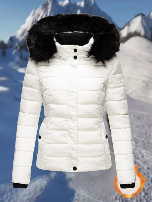 Women'S Elegant White Winter Quilted Jacket with Black Fur Hood, Zipper Pockets & Fleece Lining - Stylish Short Length Coat for Cold Weather, Winter Coats