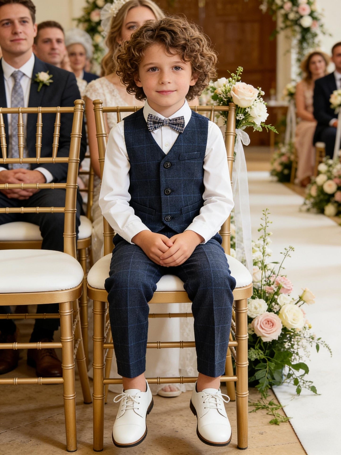 Boys' Preppy Plaid Suit Set with Vest, Pants & Bow Tie