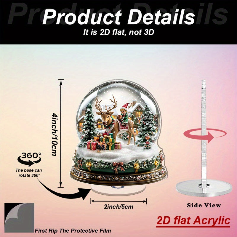 2D Flat, 1pc Rotating Acrylic Snow Globe with Deer & Fairies - Winter Wonderland Scene, Snow-Covered Trees & Twirling Mechanism, Indoor/Outdoor Christmas New Year Holiday Decoration, Lightweight Tabletop Decor for, gift, 2D F