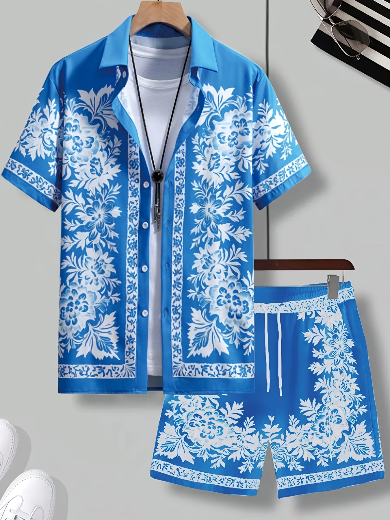 Men'S Two Sets of Floral Print Casual Button-Up + Drawstring Sports Shorts Two-Piece Hawaiian Beach Sports Styl