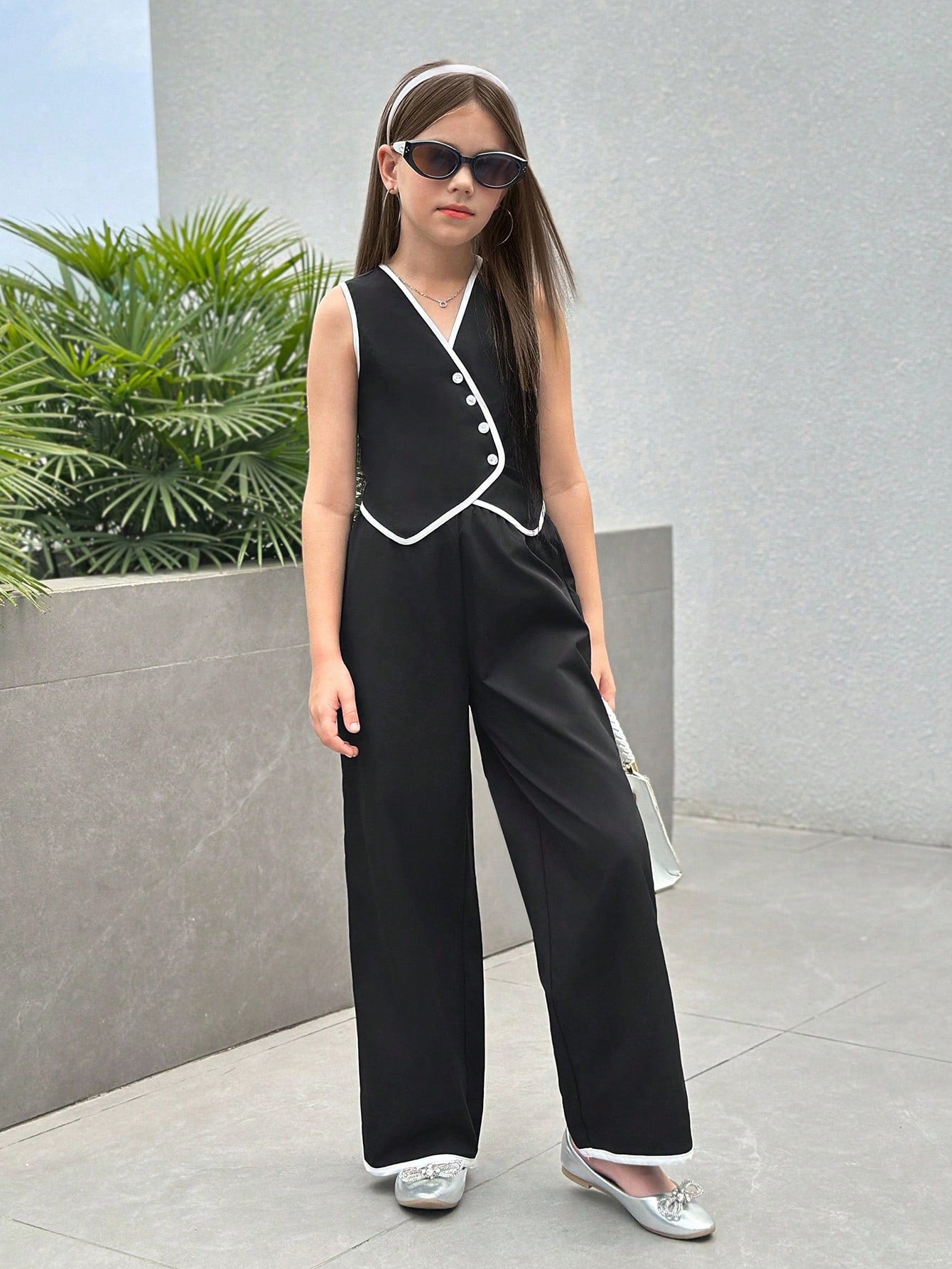 Girls' Stylish Black & White Sleeveless Vest and Wide-Leg Pants Set