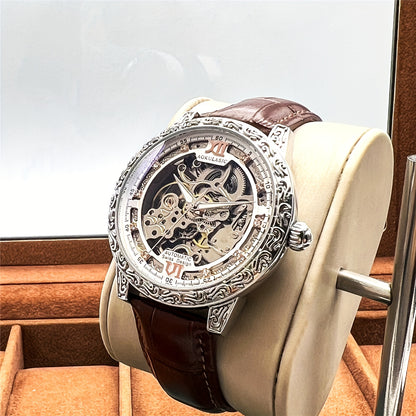 Vintage Hollow Carved Automatic Mechanical Men'S Watch, Fashionable Luxury Men'S Watch, High-end Thickened Mechanical Style Hip-Hop Party Wristwatch, Without Battery