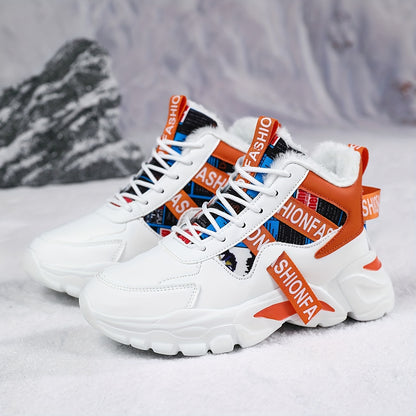 Women's Geometric Waterproof Snow Sneakers, Shock-Resistant Microfiber Upper, Flannel Lined, EVA Sole, Autumn & Winter High-Top Plush Fashion Shoes from Quanzhou