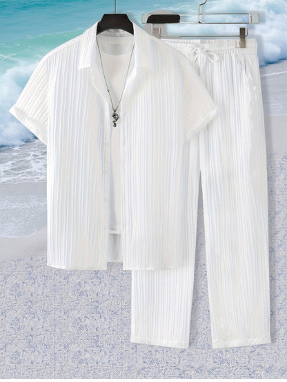 2-piece Men's Stylish Spring Summer Vacation Outfit Set, Men's Ruffled Short Sleeve Lapel Shirt & Drawstring Long Pants Set
