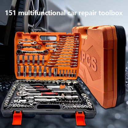 151/46pcs Automotive And Motorcycle Repair Tool Kit - Made of Durable Chrome Vanadium Steel, Includes Ratchet Wrenches And Screwdrivers.