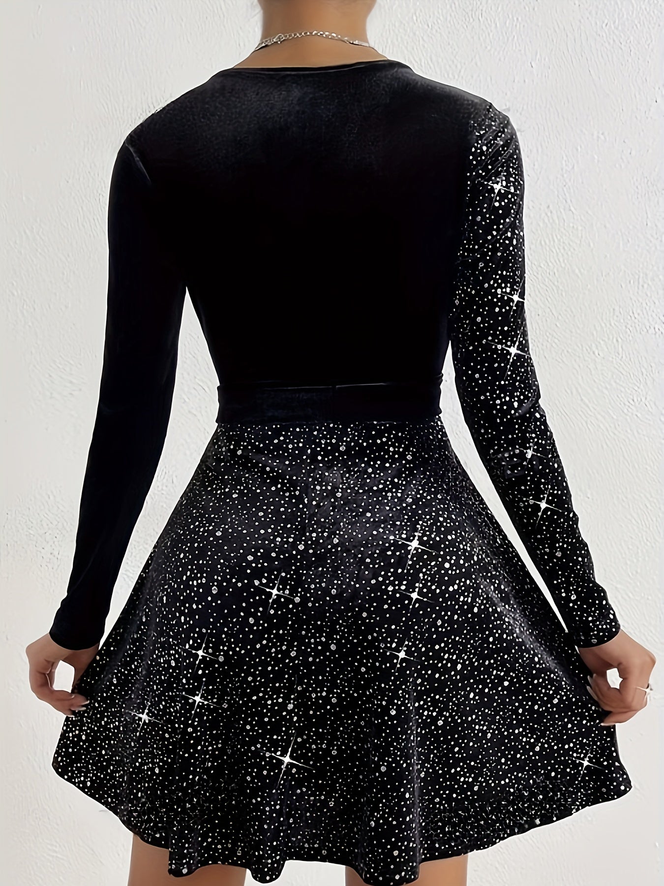 Elegant Women’s Velvet Dress with Cross Neck and Belt - Long Sleeve, Black with Sparkling Stars, Polyester Blend, Machine Washable, Perfect for Casual or Evening Wear
