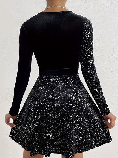 Elegant Women’s Velvet Dress with Cross Neck and Belt - Long Sleeve, Black with Sparkling Stars, Polyester Blend, Machine Washable, Perfect for Casual or Evening Wear