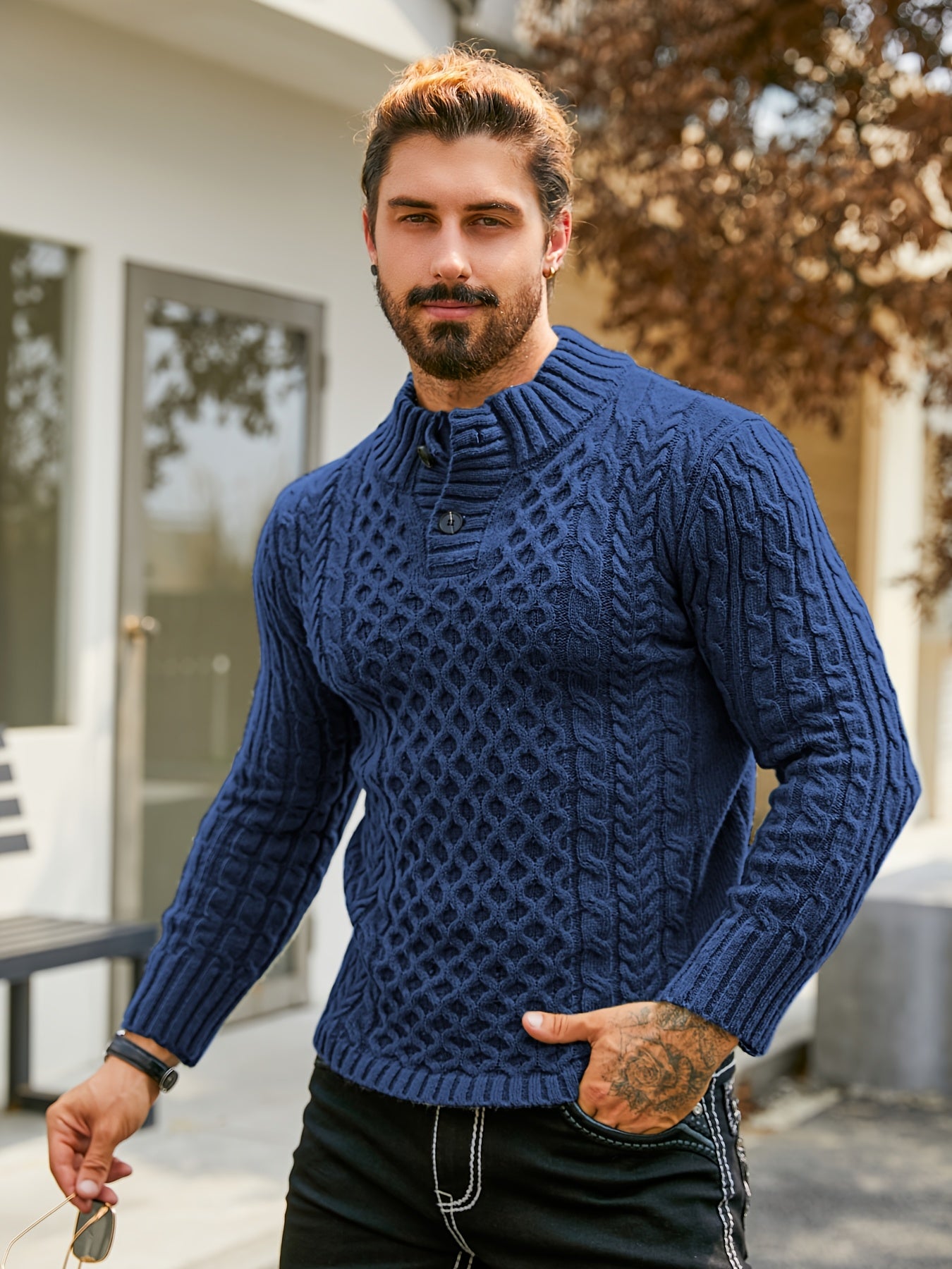 Men's Thermal Stand Collar Cable Knit Sweater - Striped H-Shape Regular Fit Pullover, Machine Washable Winter Sweater with Ribbed Detailing for Autumn & Winter, Knit Sweater, Medium Elasticity Fabric