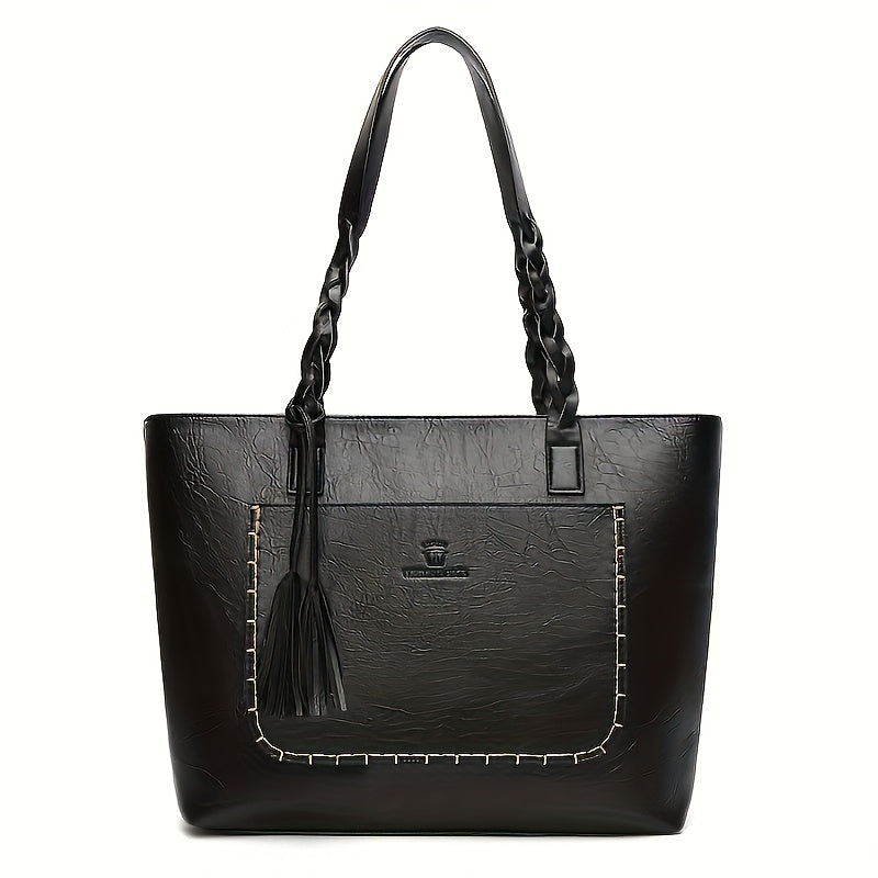Elegant Large-Capacity Women’s PU Tote Bag with Tassel