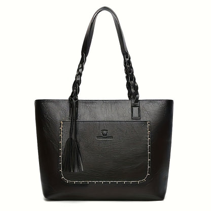 Elegant Large-Capacity Women’s PU Tote Bag with Tassel