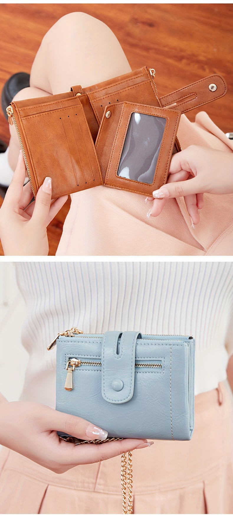 MIYIN Women'S & Men'S Red Bifold Wallet with Anti-Theft Chain Lock, Golden-Tone Hardware & Removable ID Window - Multi-Compartment Organizer with Card Slots