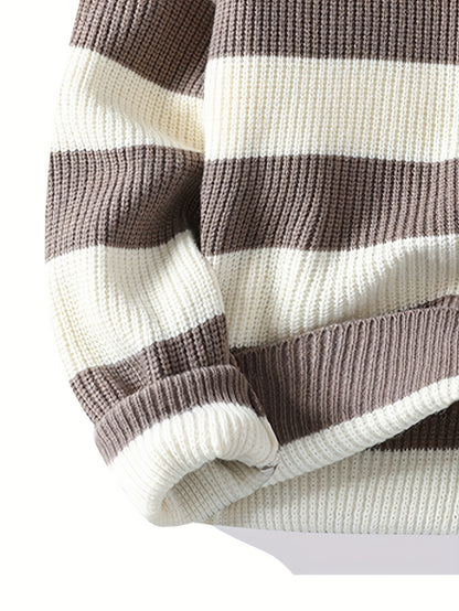 Men's 2025 Autumn/Winter Striped Sweater for Youth with Color Block Round Neck Casual Warm Knitwear