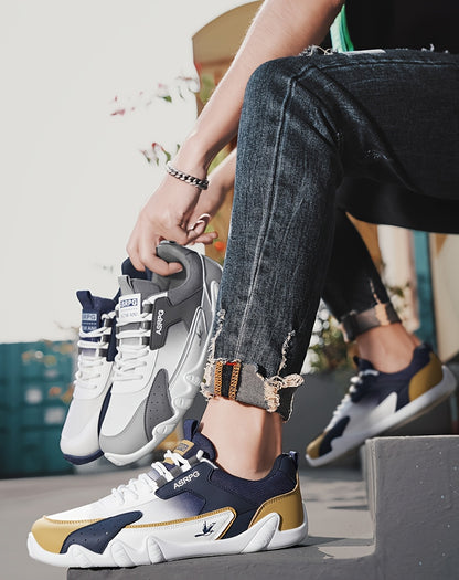 Men's Breathable Low-Top Casual Sneakers - Sporty Lace-Up Walking Shoes with Navy/White/Golden Accents, All-Season Outdoor  Everyday Comfort, Durable Fabric Upper  PVC Sole, Comfortable Footwear, Sleek Shoe Design, Lightwei
