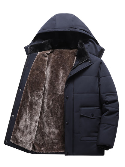 Men's Heavy-Duty Winter Hooded Jacket with Fur-Like Collar & Pockets - Navy Blue/Brown Coat, Golden-Tone Zipper Closure, -Filled Casual Outerwear for Cold Weather (Hand Wash/Dry Clean)