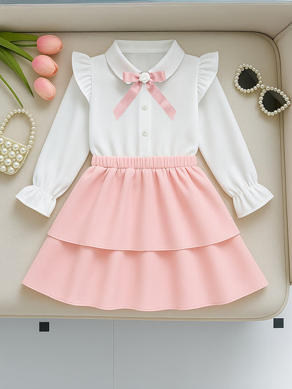 Girls' White Ruffle Sleeve Top & Black Layered Midi Skirt