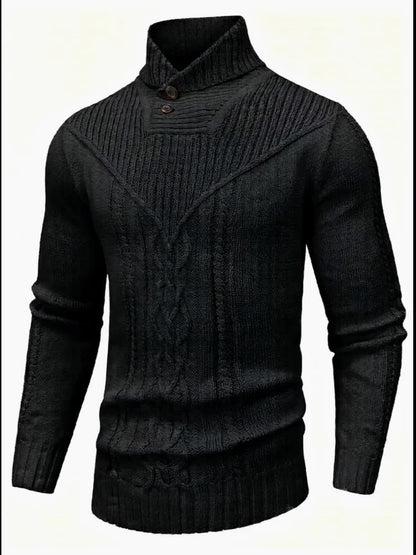 Men's High Collar Warm Knit Sweater - Stretchy Fashion Ribbed Pullover, Elegant Gentleman Cardigan