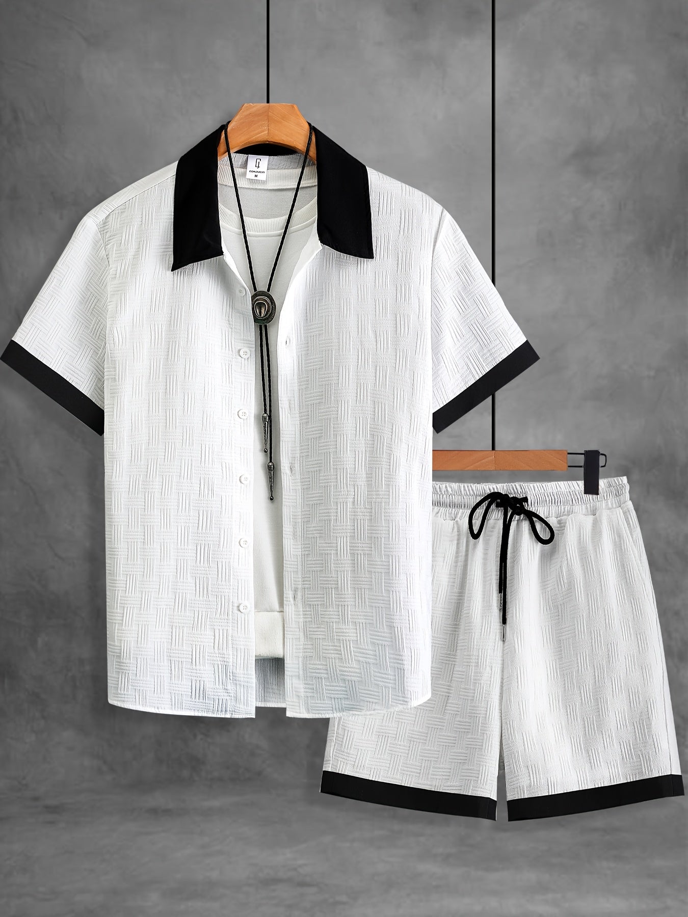 Men's Summer Casual Color-Blocked Button-Up Shirt & Shorts Set