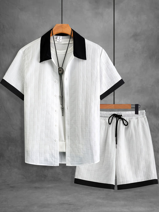 Men's Summer Casual Color-Blocked Button-Up Shirt & Shorts Set