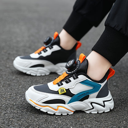 Boys' Fashion Sneakers with Striped Design - Casual Sports Running Shoes with Rotary Buckle Closure, Low Top PU Upper, Fabric Lining, EVA Sole, All-Season Comfort for Daily Wear - Tassel Detail, Round Toe for Ages 14 and Unde