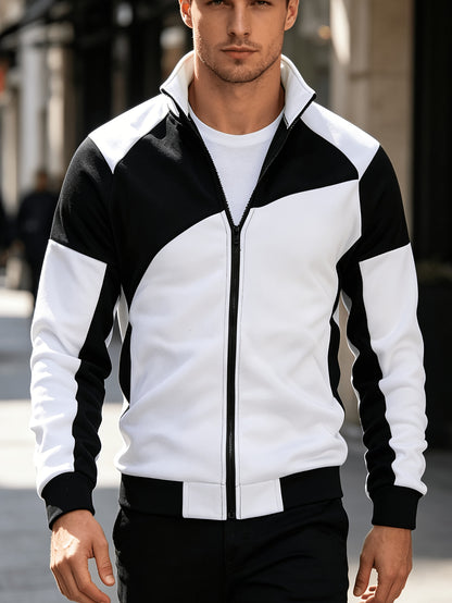 Men's Slim Fit Color Block Zip-Up Jacket with Stand Collar