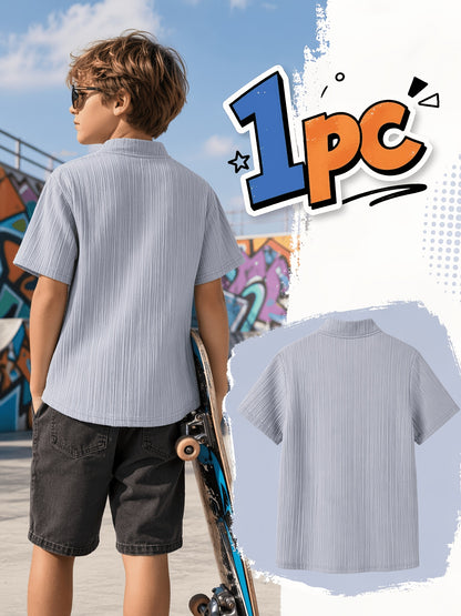 Boys' Casual Button-Up Short Sleeve Shirt with Cardigan Collar - ayq
