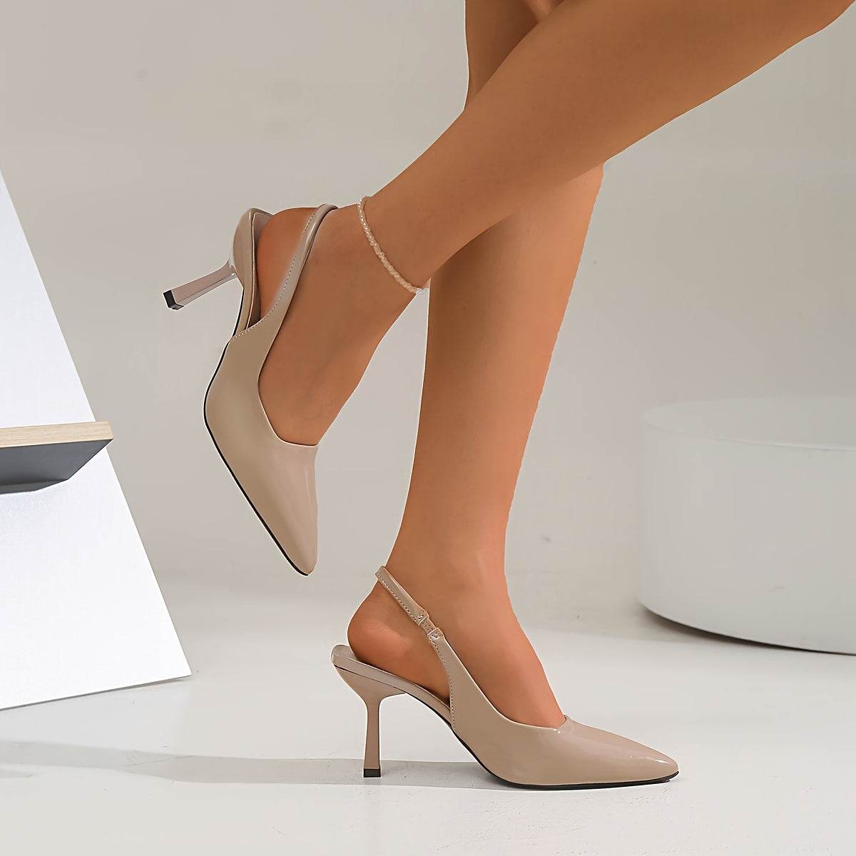 Women’s Pointed Toe High Heels with Glossy Accent and Open Back