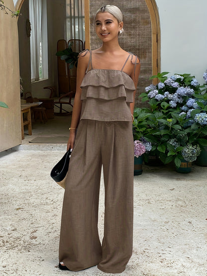 Women’s Ruffled Cami Top & High-Waist Tie-Side Pants Set
