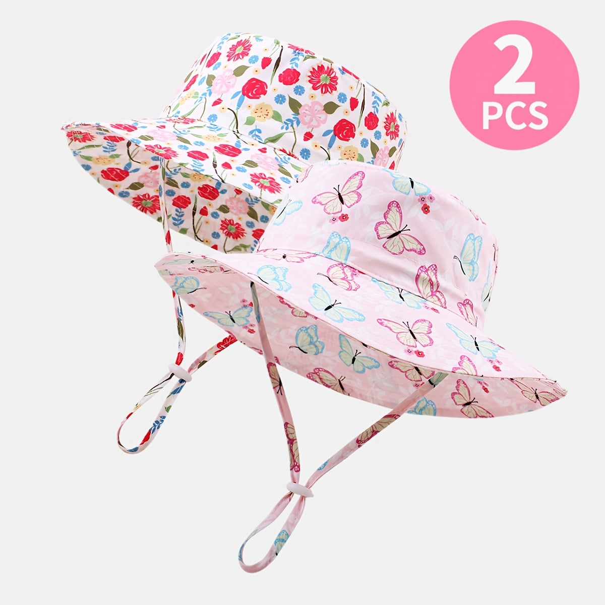 Girls' Floral Wide Brim Bucket Hats with Windproof Cord - 2pcs