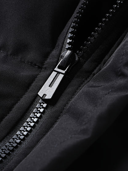 Men's Heavy-Duty Thermal Jacket - Winter Outerwear with Stand Collar & Full-Length Zipper Closure, Black/White Coat with Lettering - Machine Washable Cold Weather Jacket for Men (Casual & Formal) - Ideal for Skiing, Snowboard