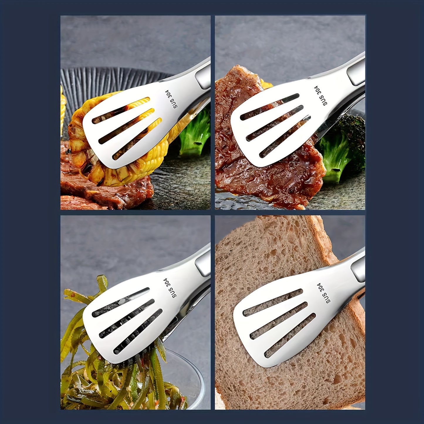 Stainless Steel Kitchen Cooking Tongs, Stainless Steel Food Tongs, Bread Serving Tongs, Anti Scalding Silica Gel, Dishwasher Safe - Small, Medium, Large