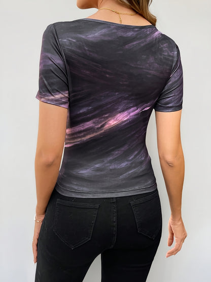 Women's Elegant Tie-Dye Asymmetrical Neckline Short Sleeve T-Shirt - Purple Pink Blue Swirl Print, Breathable Stretchy Fabric, Machine Washable Summer Casual Top
