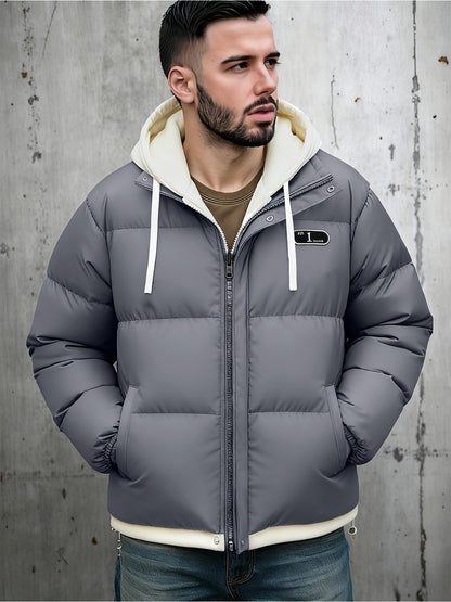 Men's Autumn and Winter Casual Fashion Faux Two-Piece Outerwear, Trendy Thickened Warm Comfortable Hooded Jacket