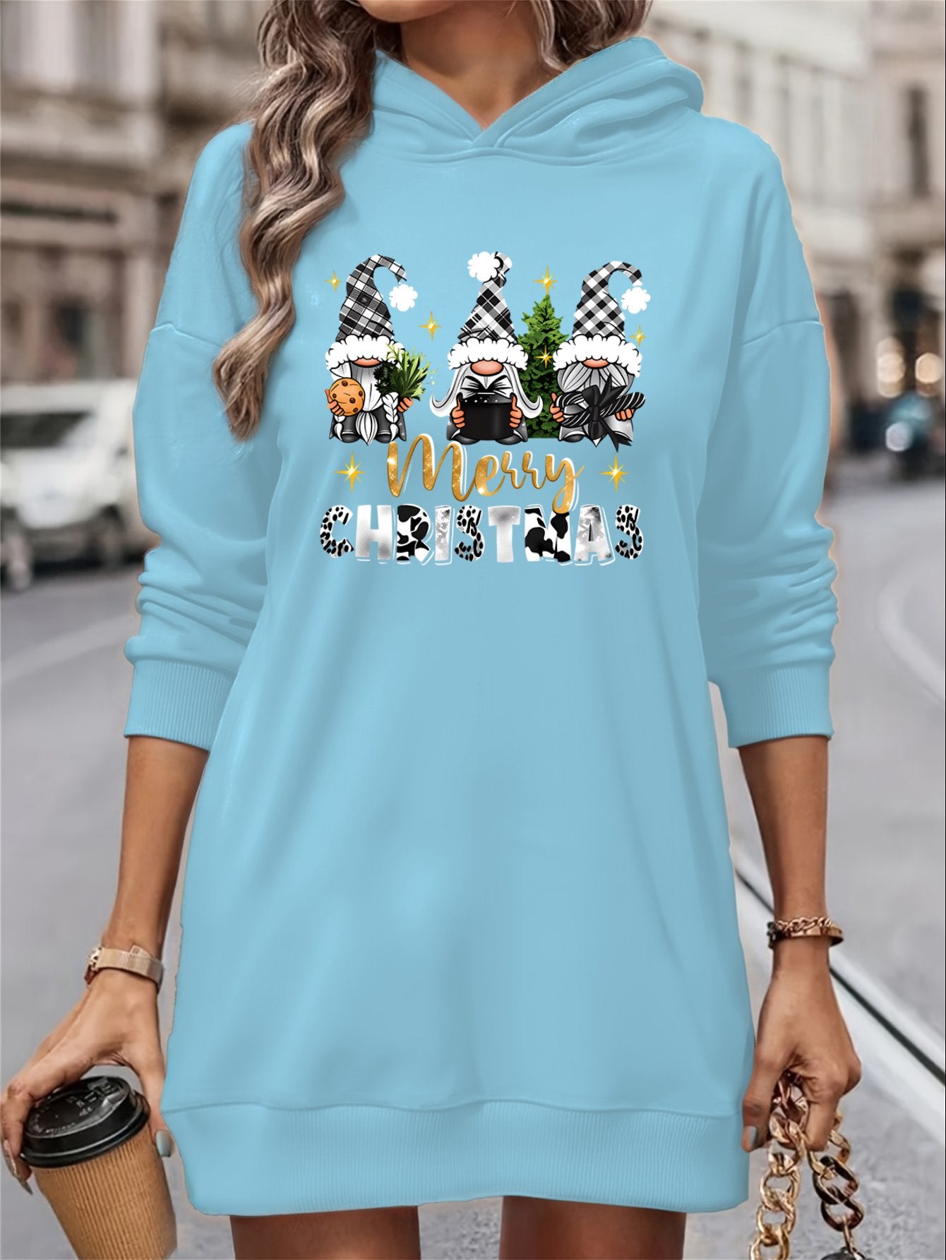 Women's Christmas Gnome Print Hooded Sweatshirt Dress - Soft Slim Fit Sweater Dress with Holiday Cheer Gnome Patterns, All-Season Casual Dress for Christmas Party Outfits (Machine Washable)