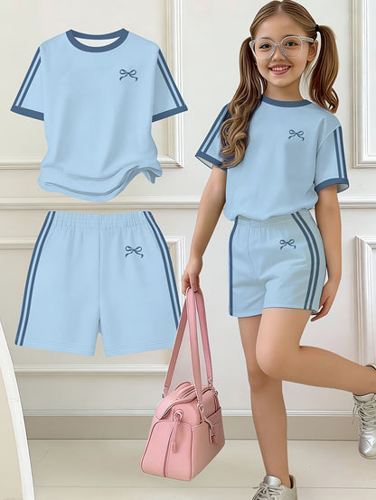 Girls' Butterfly Print Bow Short Sleeve Tee & Shorts Set
