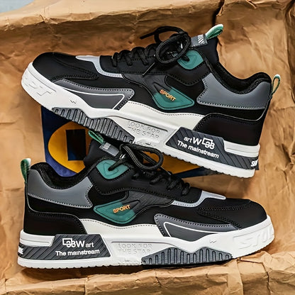 Men's Low-Top Skate Sneakers - Black with Teal Accents, PU Upper  PVC Sole, Slip-Resistant Comfortable Lace-Up Shoes for Urban Streetwear, Outdoor Sports, All-Season Casual Wear, Skate Shoes, Modern Street Style, Durable Fab