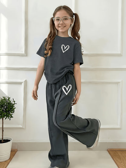 Girls 2-Piece Heart Print Knit Set with Pants for Spring to Fall